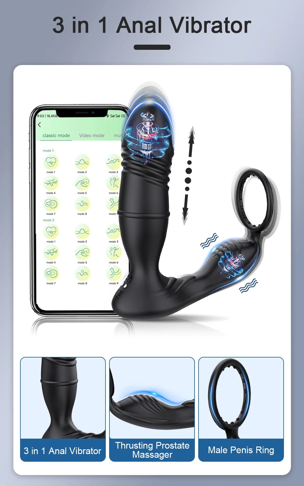 Male Thrusting Prostate Massager Bluetooth APP Vibrator for Men Gay Anal Plug Wireless Remote Butt Plug Sex Toy for Couples